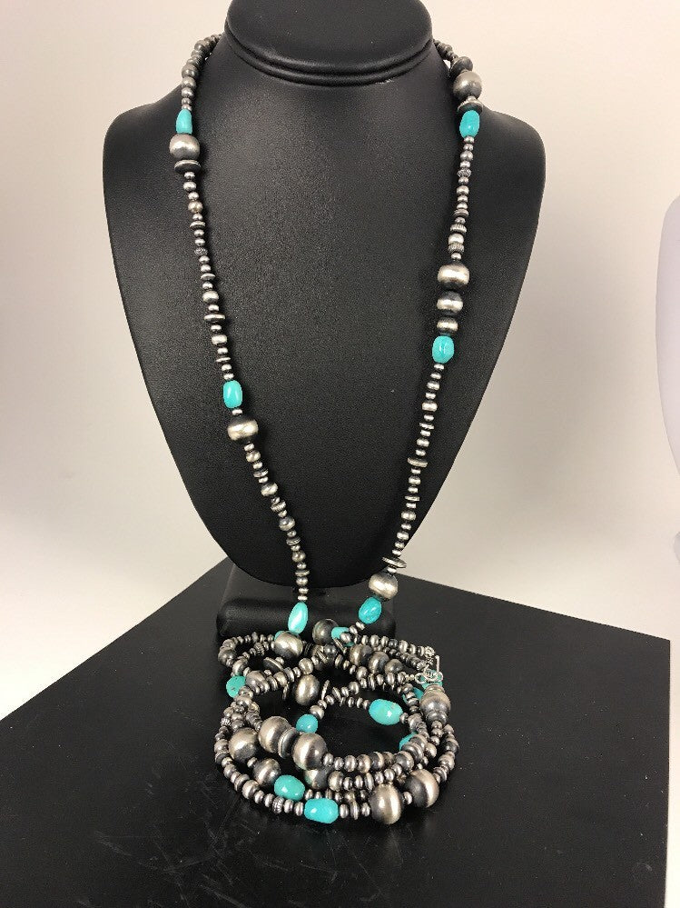 Sterling Silver Navajo Pearls Sleeping Beauty Turquoise Necklace 70" 8051