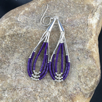Purple Stone 3 Strands Heishi Liquid Sterling Silver Dangle Earrings 1989