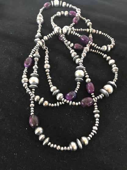 Native Long Navajo Pearls Sterling Silver Purple Stone Bead Necklace 70" 08052