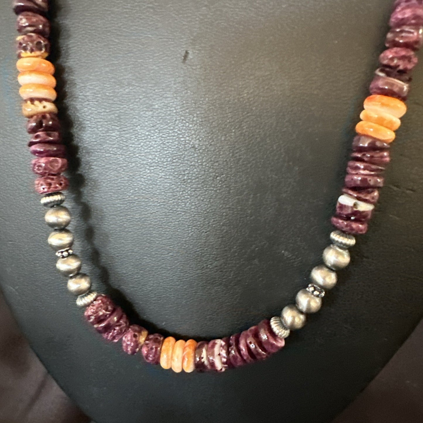 Navajo Sterling Necklace Purple Orange Spiny Oyster  20" 17702