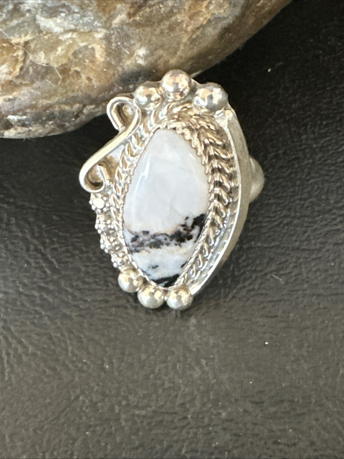 Black White Buffalo Turquoise Navajo Sterling Silver Ring Size 11 19811