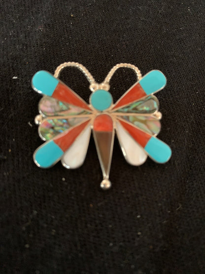 Turquoise & Mother Of Pearls Butterfly Zuni Sterling Silver Pin Pendant 04695