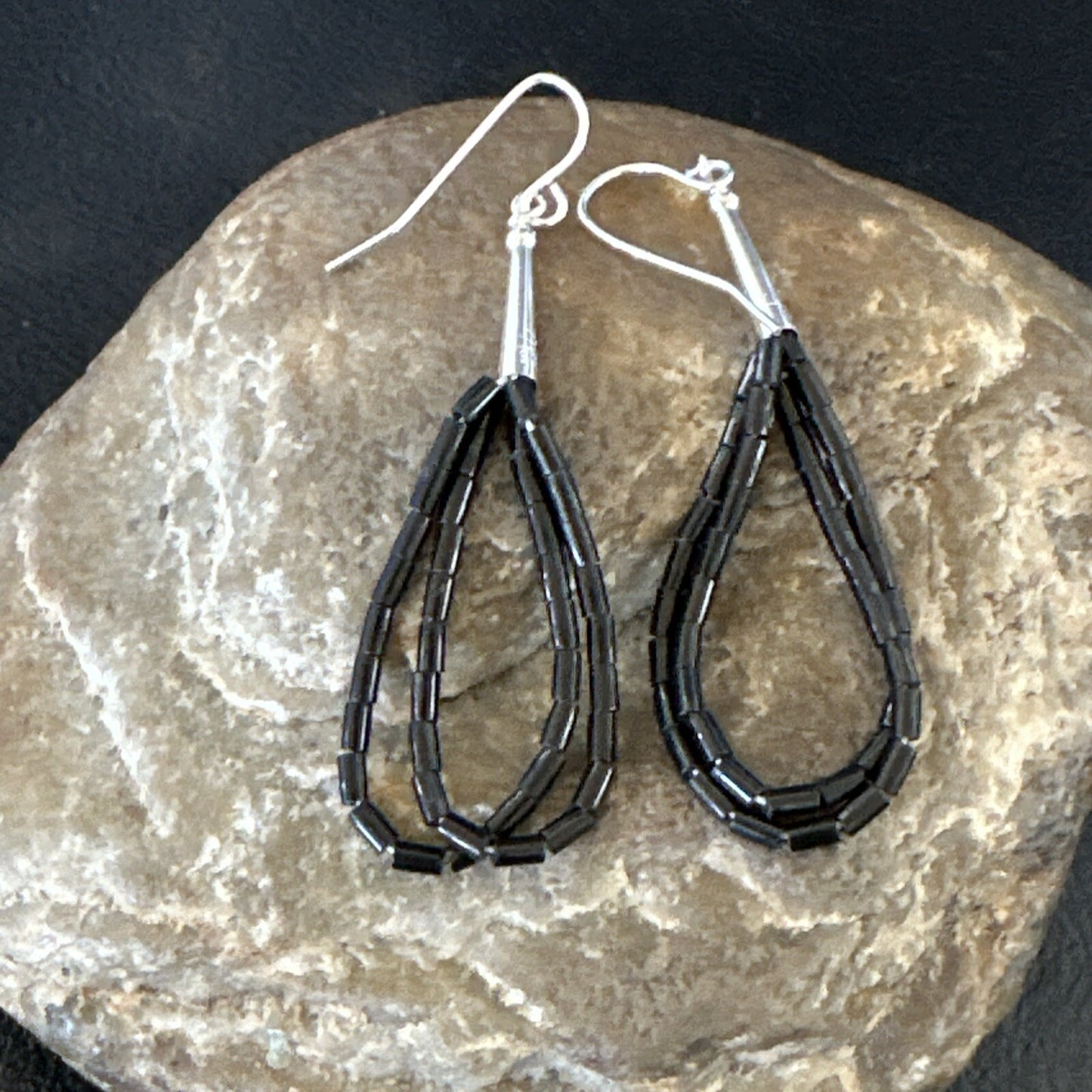 Black Onyx Heishi 2S Bead Southwestern Sterling Silver Earrings 2" 18177