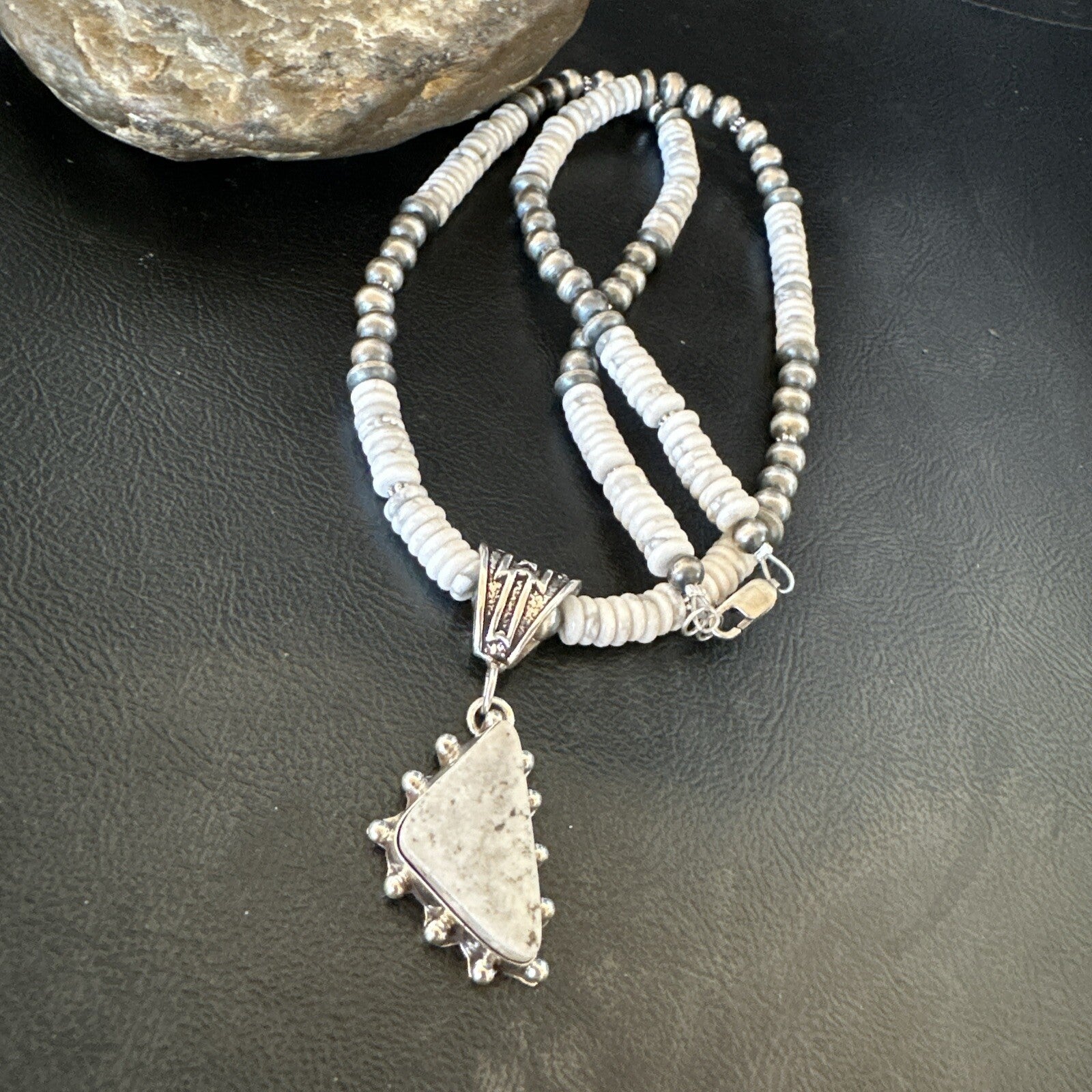 White Buffalo Turquoise Pendant Navajo Pearls Sterling Silver Necklace 22" 18255