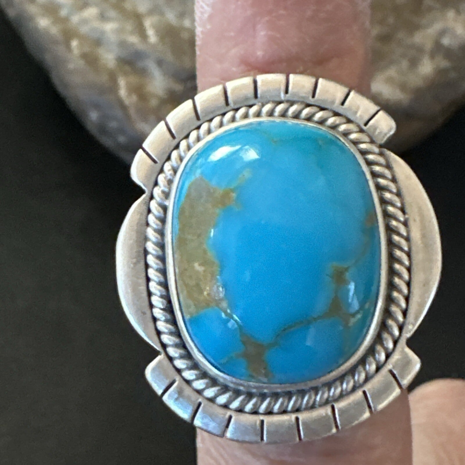 Blue Kingman Turquoise Navajo Sterling Silver Adjustable Ring Size 7 18824