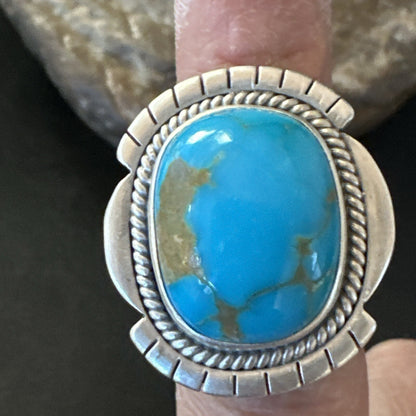 Blue Kingman Turquoise Navajo Sterling Silver Adjustable Ring Size 7 18824