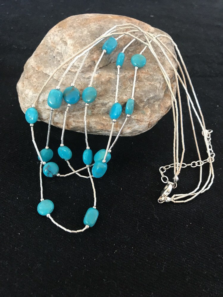 Liquid Silver Heishi 3S Sterling Silver Tube Necklace Nugget Turquoise 03695
