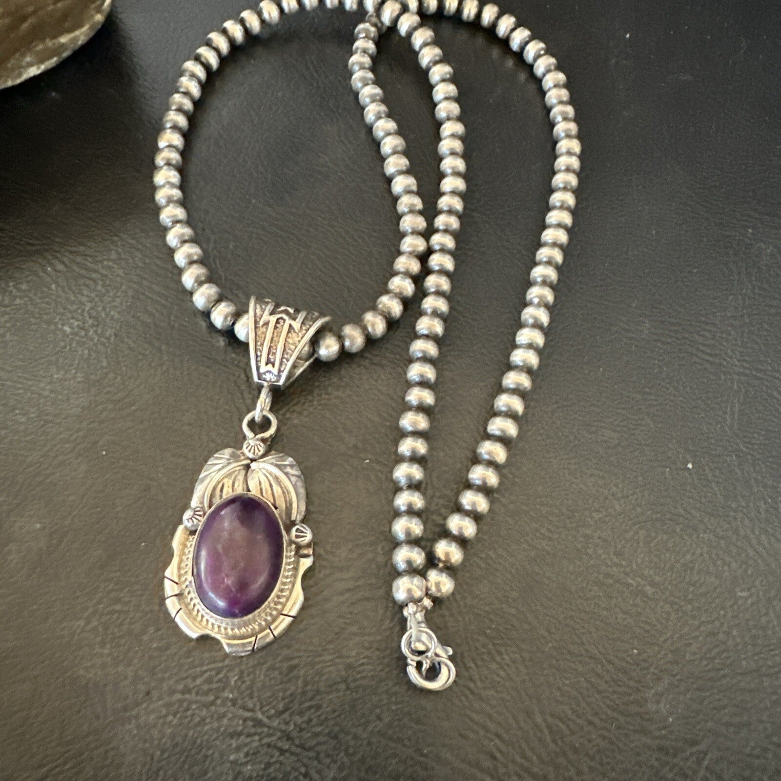 Purple Stone Pendant Navajo Pearls Sterling Silver Necklace 20” 18403