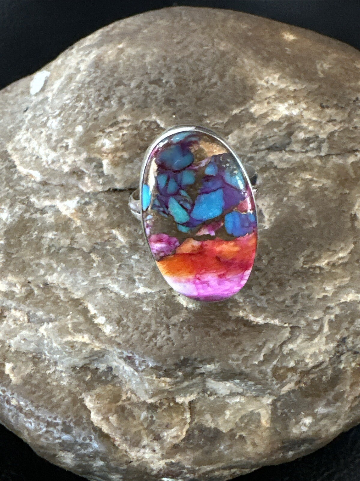 Blue Turquoise Purple Spiny Oyster Navajo Sterling Silver Ring Size 6 18204