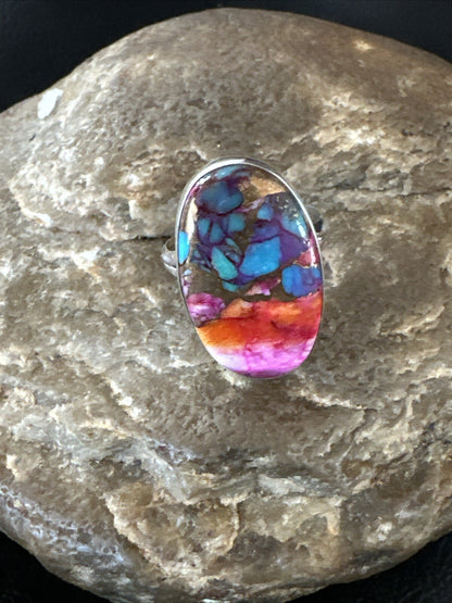 Blue Turquoise Purple Spiny Oyster Navajo Sterling Silver Ring Size 6 18204