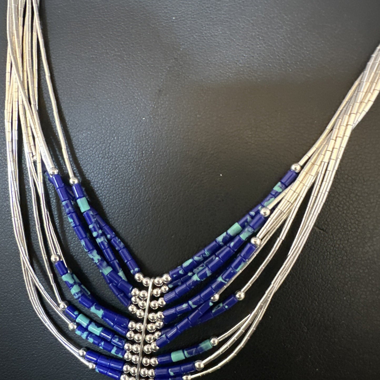 Blue Green Azurite Heishi 10Strand Stabilized Sterling Silver Necklace 18" 15135
