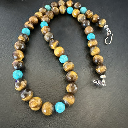 WoMens Tiger Eye Blue Turquoise  Sterling Silver Beads Necklace 19” 18169