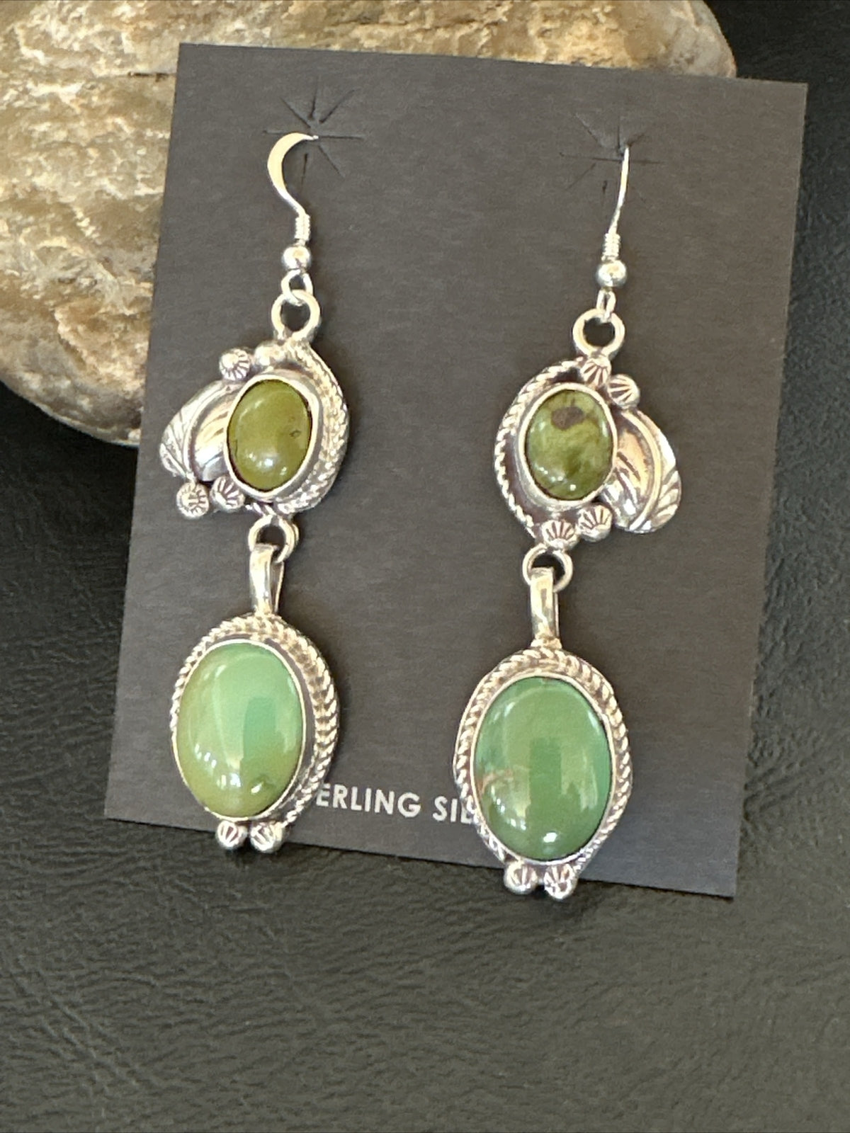 Native Navajo Green Turquoise Sterling Silver Dangle Earrings 2” 17694