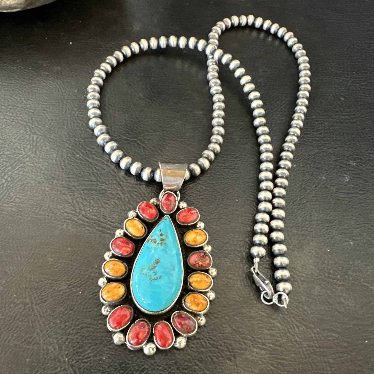 Multicolor Turquoise Spiny Navajo Sterling Silver Cluster Pendant Necklace 19560