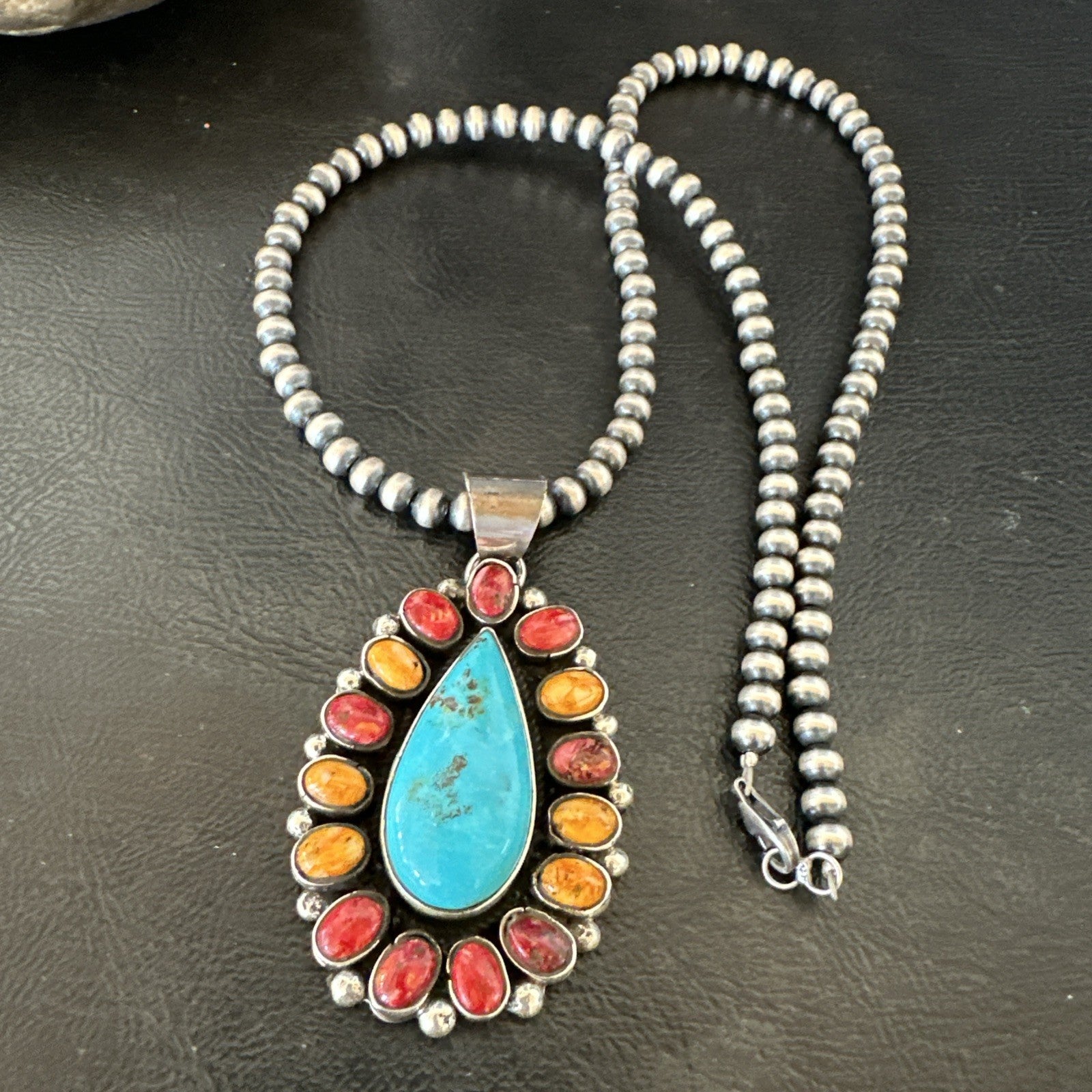 Multicolor Turquoise Spiny Navajo Sterling Silver Cluster Pendant Necklace 19560