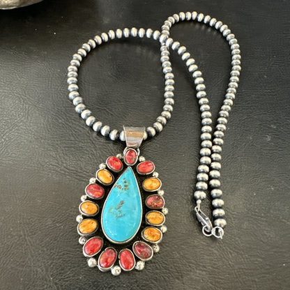 Multicolor Turquoise Spiny Navajo Sterling Silver Cluster Pendant Necklace 19560