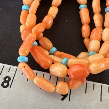 Native Turquoise Orange Coral Sterling Silver 4 Strand Necklace 21" 17820