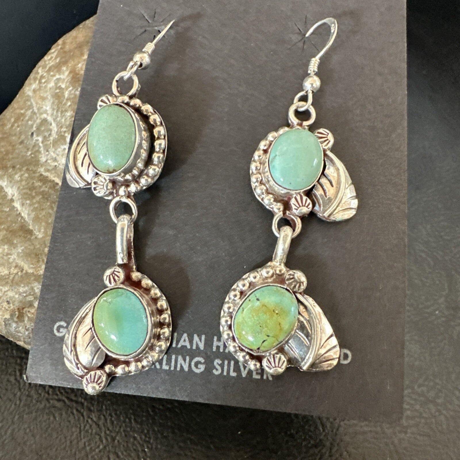 Navajo Green Royston Turquoise Sterling Silver Dangle Earrings 18804