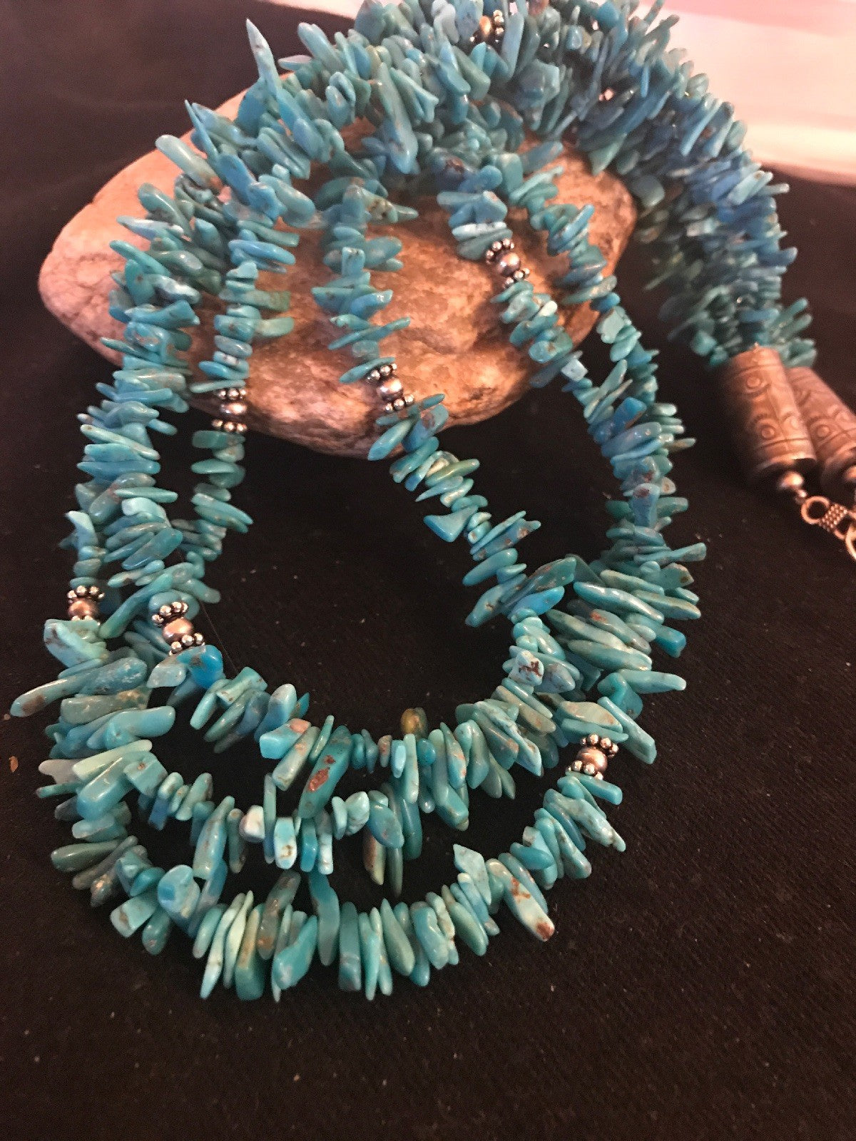 Turquoise Nugget Bead 3 Strand Stabilized Navajo Sterling Necklace 08100