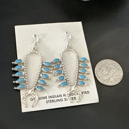 Womens Blue Opal Navajo Squash Blossom Sterling Silver Earrings 18549