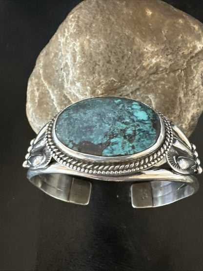 H Joe Blue Spiderweb Turquoise Navajo Sterling Silver Cuff Bracelet 8.2" 19424