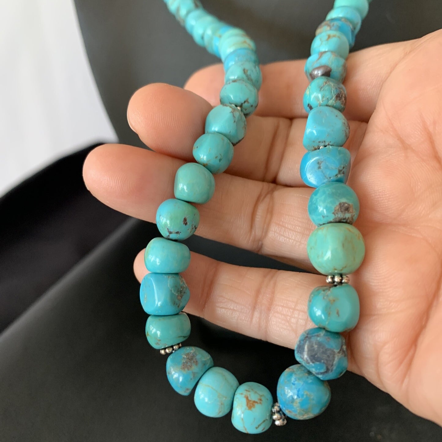 Mens Blue Turquoise Bead Navajo Sterling Silver Necklace 28” 10622