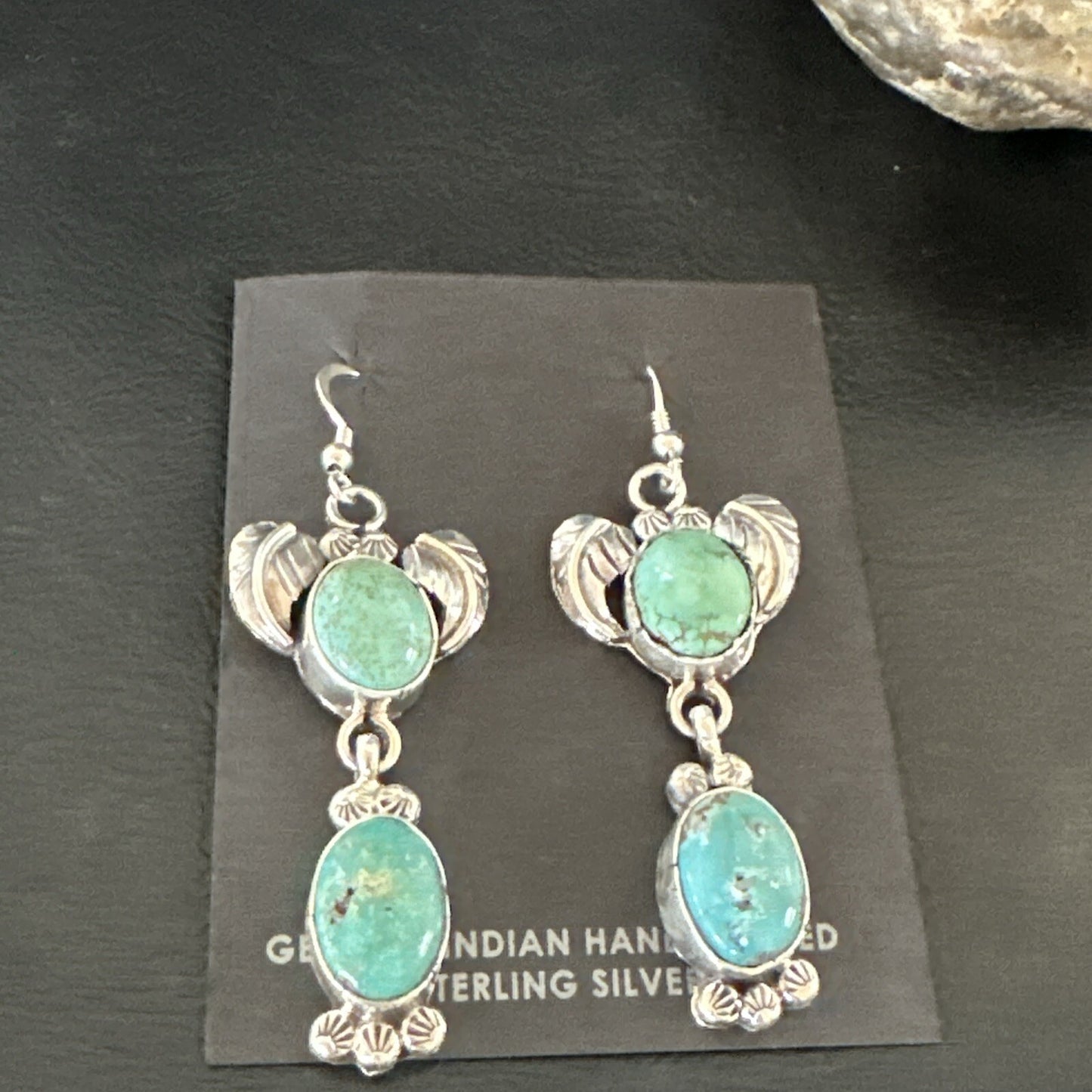 Navajo Green Turquoise Sterling Silver Dangle Earrings 2” 18044