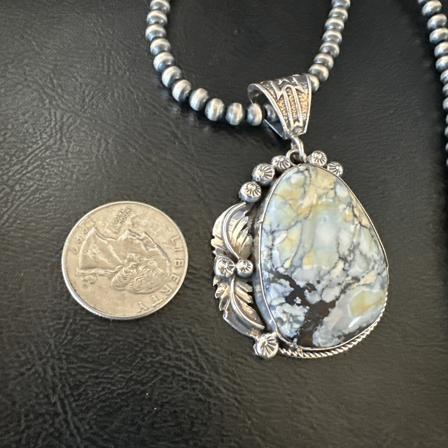 White Buffalo Turquoise Pendant Navajo Pearls Sterling Silver Necklace 19342