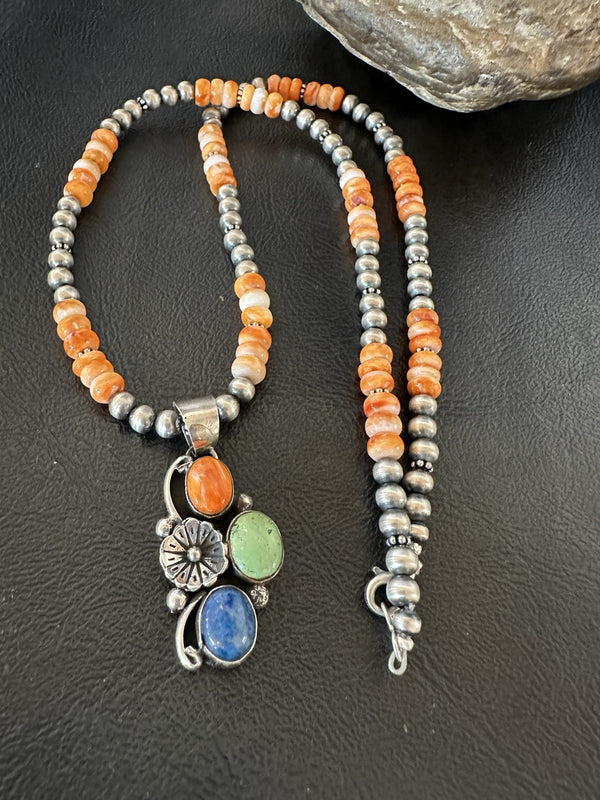 Orange Spiny Oyster Navajo Pearls Necklace Pendant | Sterling Silver | Authentic Native American Handmade | 19379
