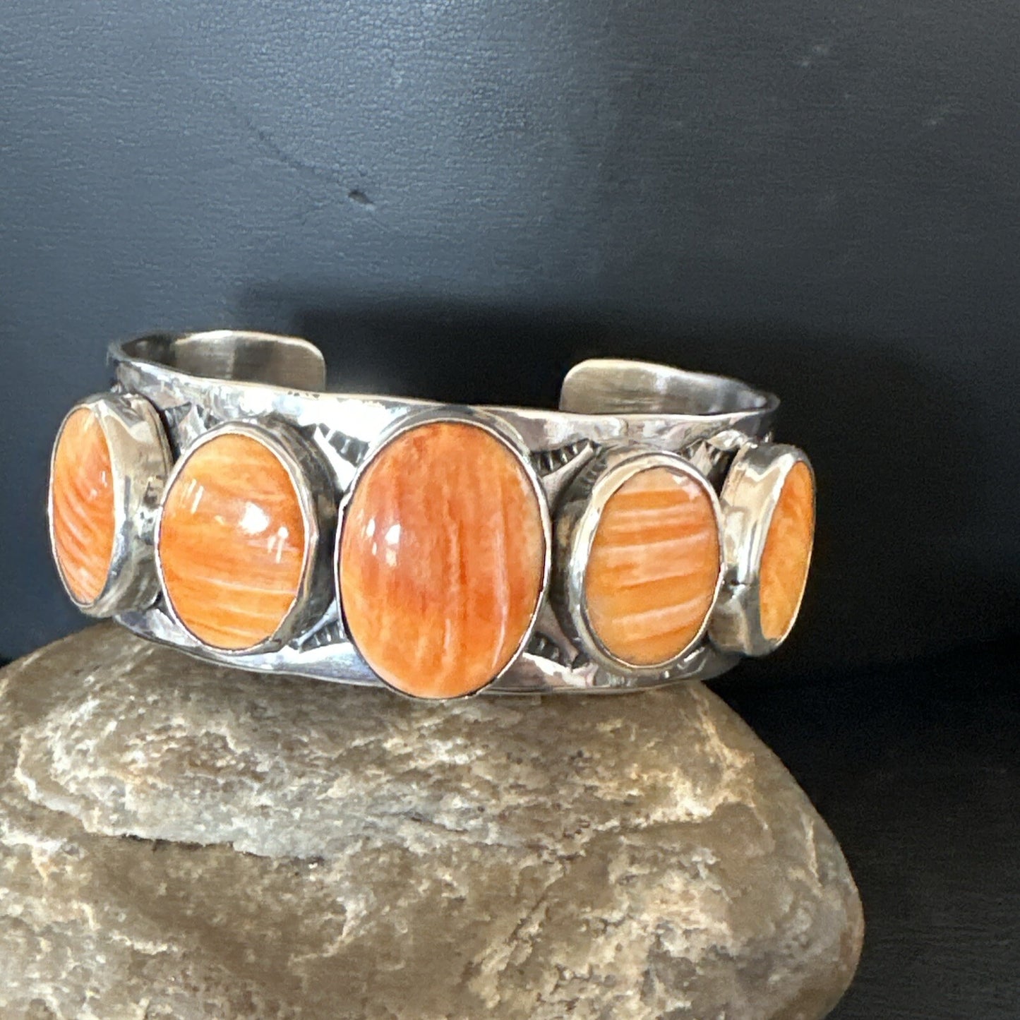 Stamped Orange Spiny Oyster Navajo Sterling Silver 5 Stone Cuff Bracelet 17942