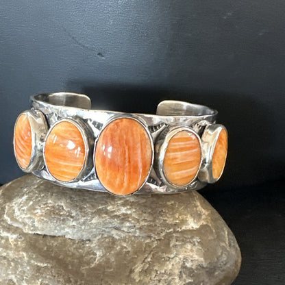 Stamped Orange Spiny Oyster Navajo Sterling Silver 5 Stone Cuff Bracelet 17942