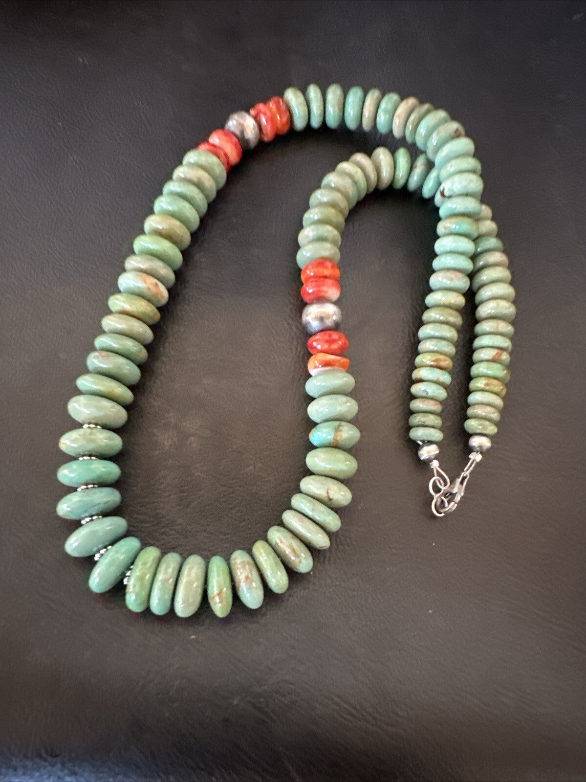 Green Turquoise Spiny Oyster Sterling Silver Beads Necklace 18302
