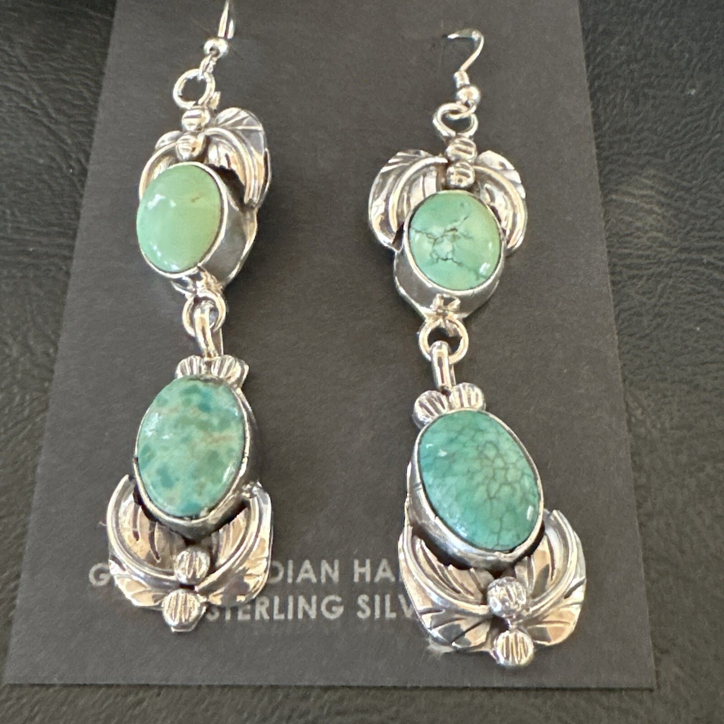 Native Navajo Green Turquoise Sterling Silver Dangle Earrings 2” 17913