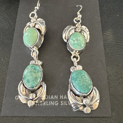 Native Navajo Green Turquoise Sterling Silver Dangle Earrings 2” 17913