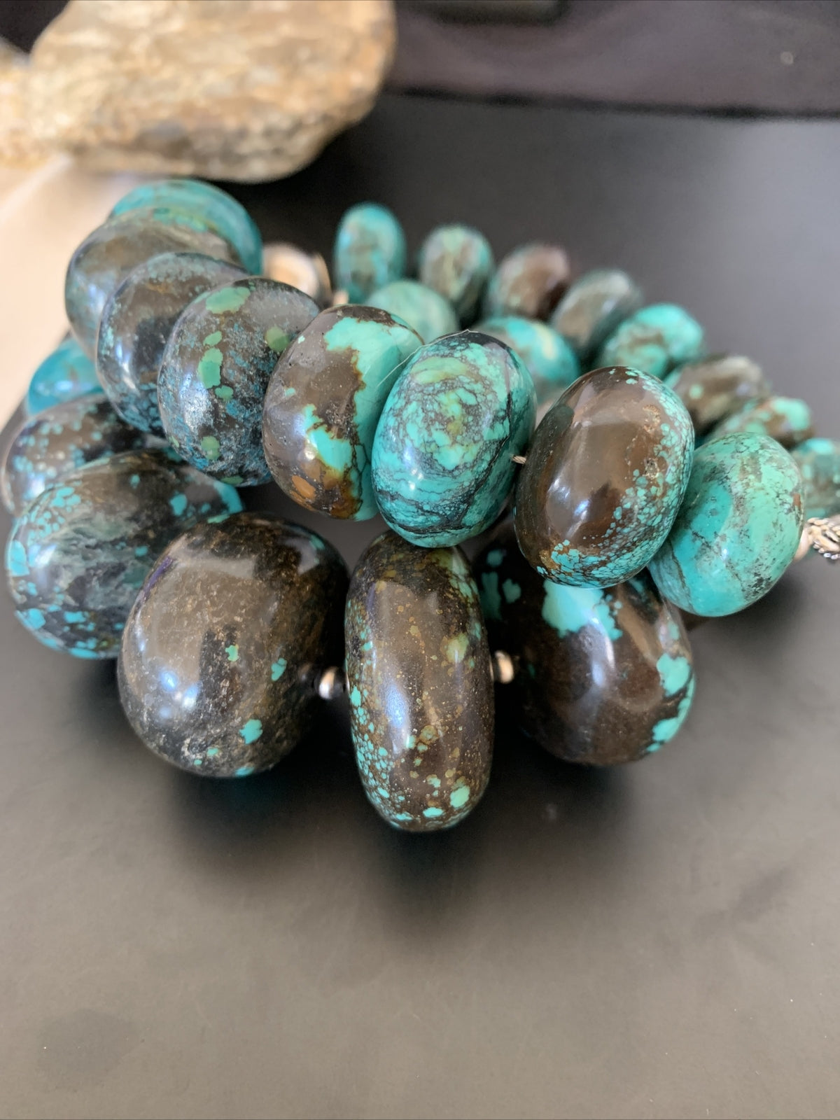 Blue Turquoise Chunky Graduated Navajo Sterling Silver Beads Necklace 11381