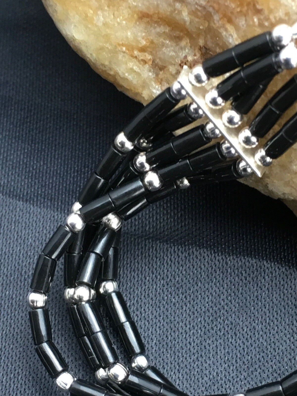 Black Onyx Heishi 5 Strand Southwestern Liquid Sterling Silver Bracelet 7" 02932