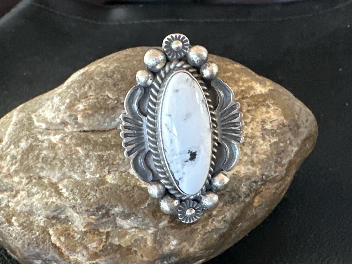 Womens White Buffalo Turquoise Navajo Sterling Silver Ring Size 7 18625