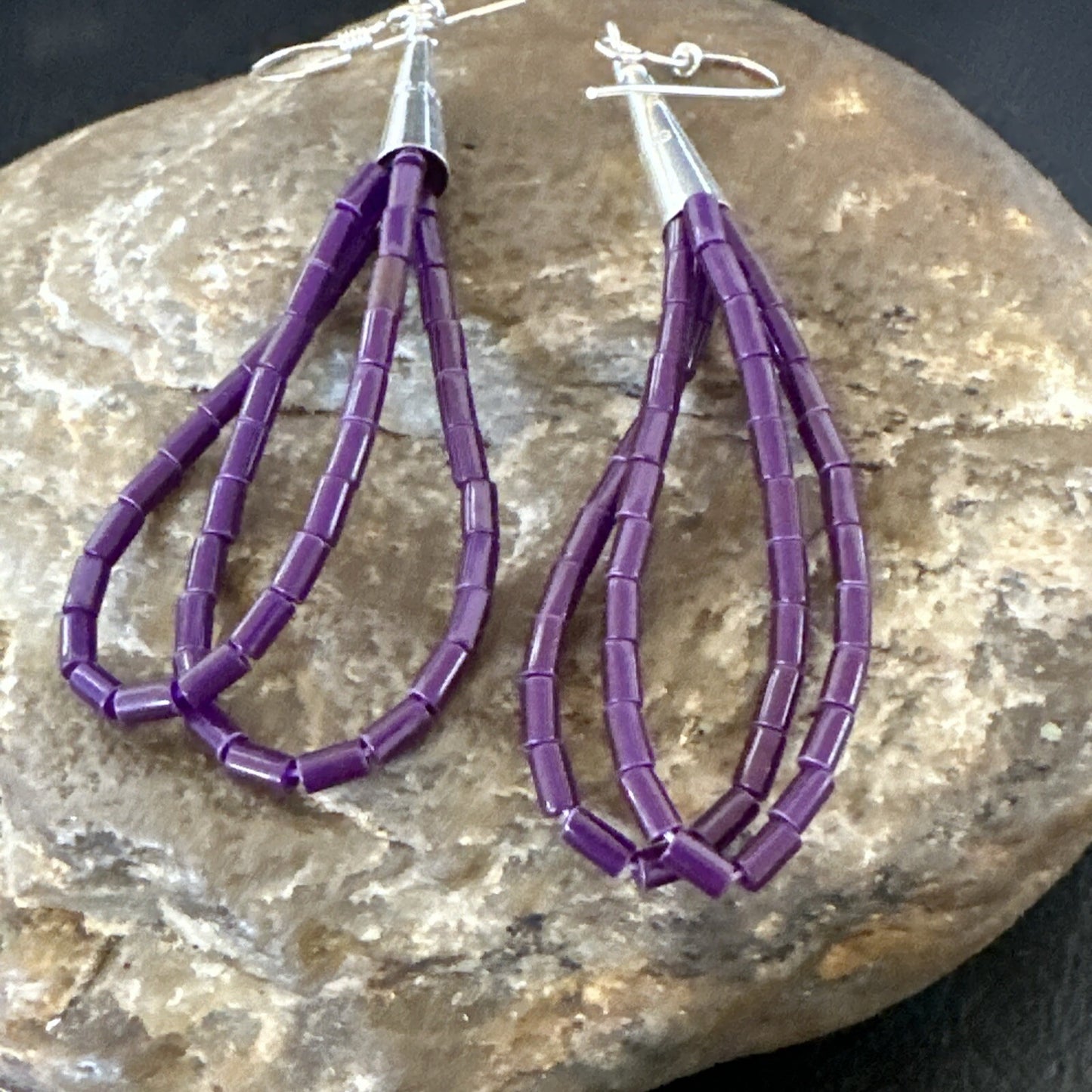Purple Stone 2 Strands Heishi Sterling Silver Dangle Earrings 17929
