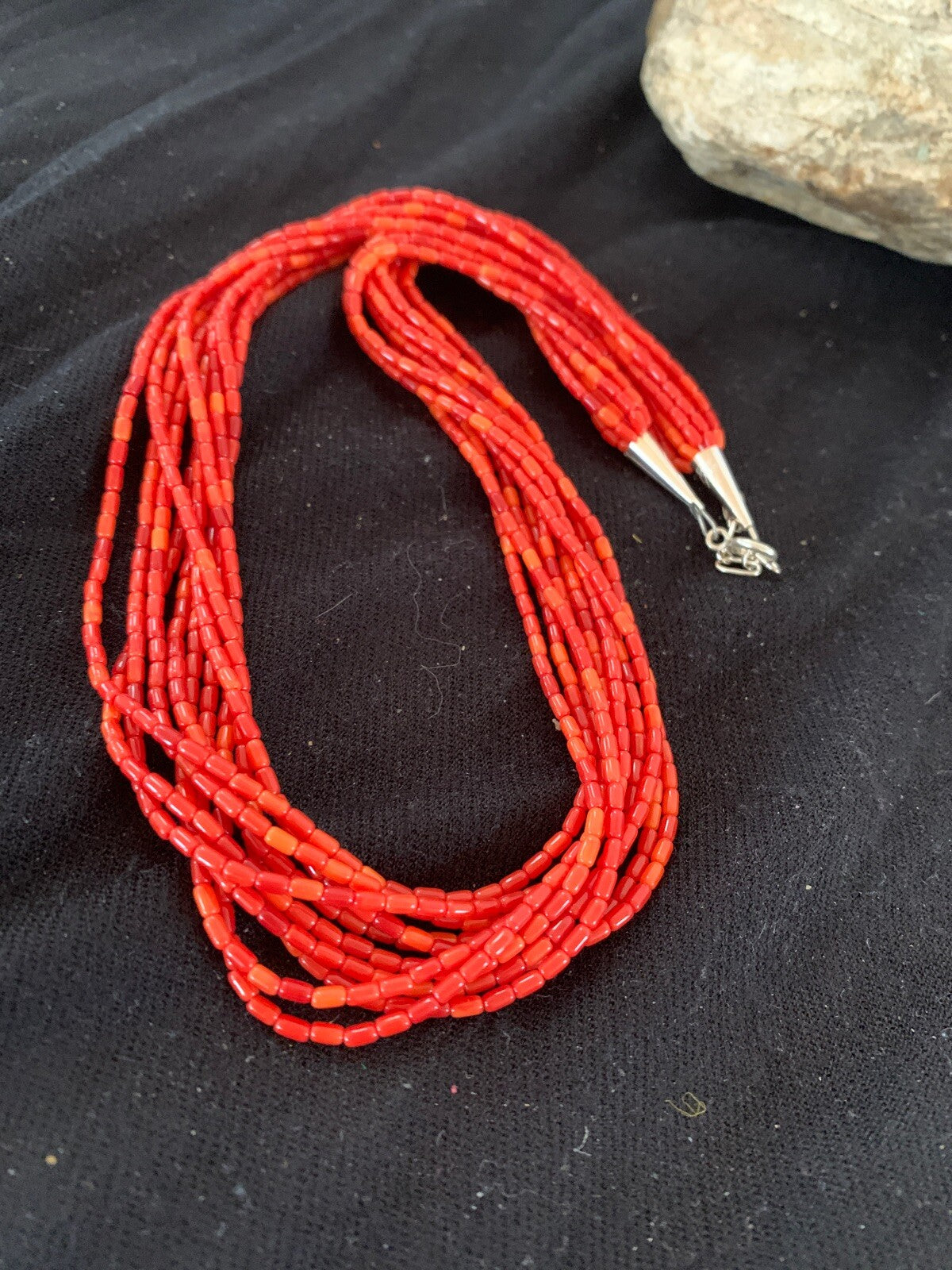 Apple Coral Tube Heishi Bead 10 Strand Navajo Sterling Silver Necklace 17” 4708