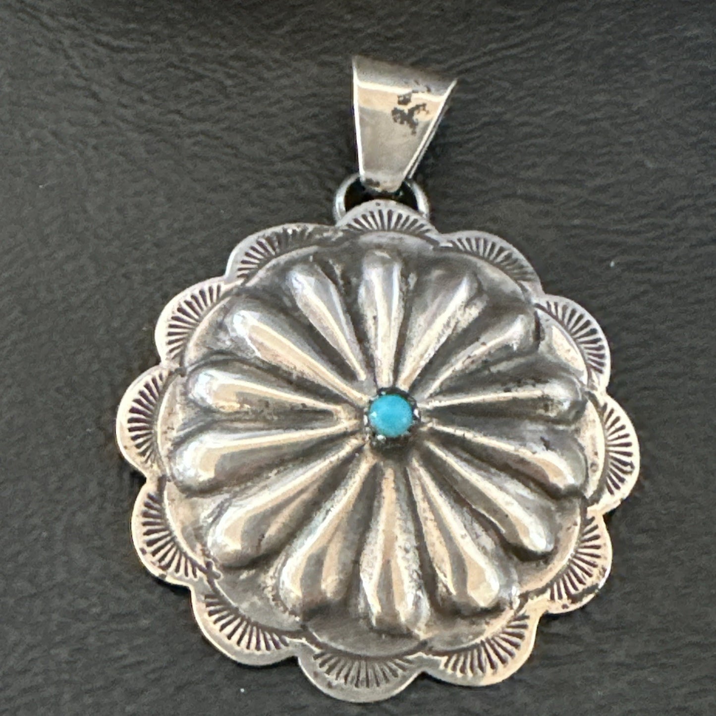Navajo Native American Turquoise Pendant  Stamped Sterling Silver 1” 19687
