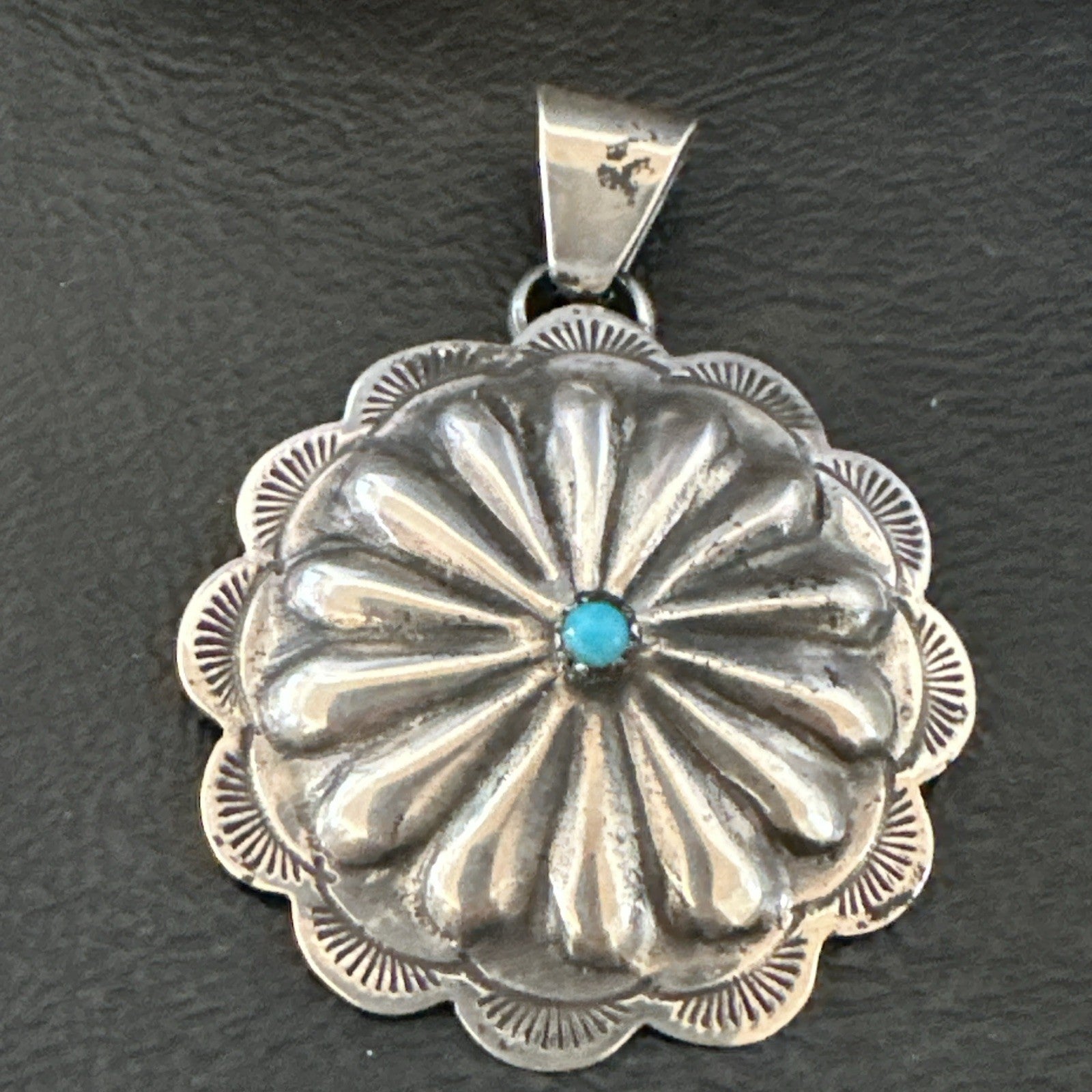 Navajo Native American Turquoise Pendant  Stamped Sterling Silver 1” 19687