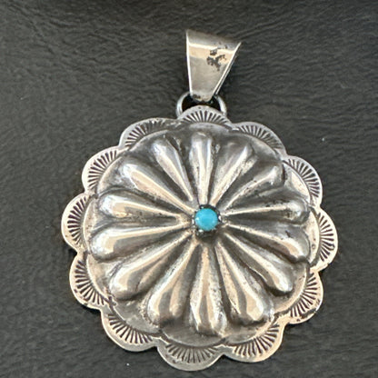 Navajo Native American Turquoise Pendant  Stamped Sterling Silver 1” 19687