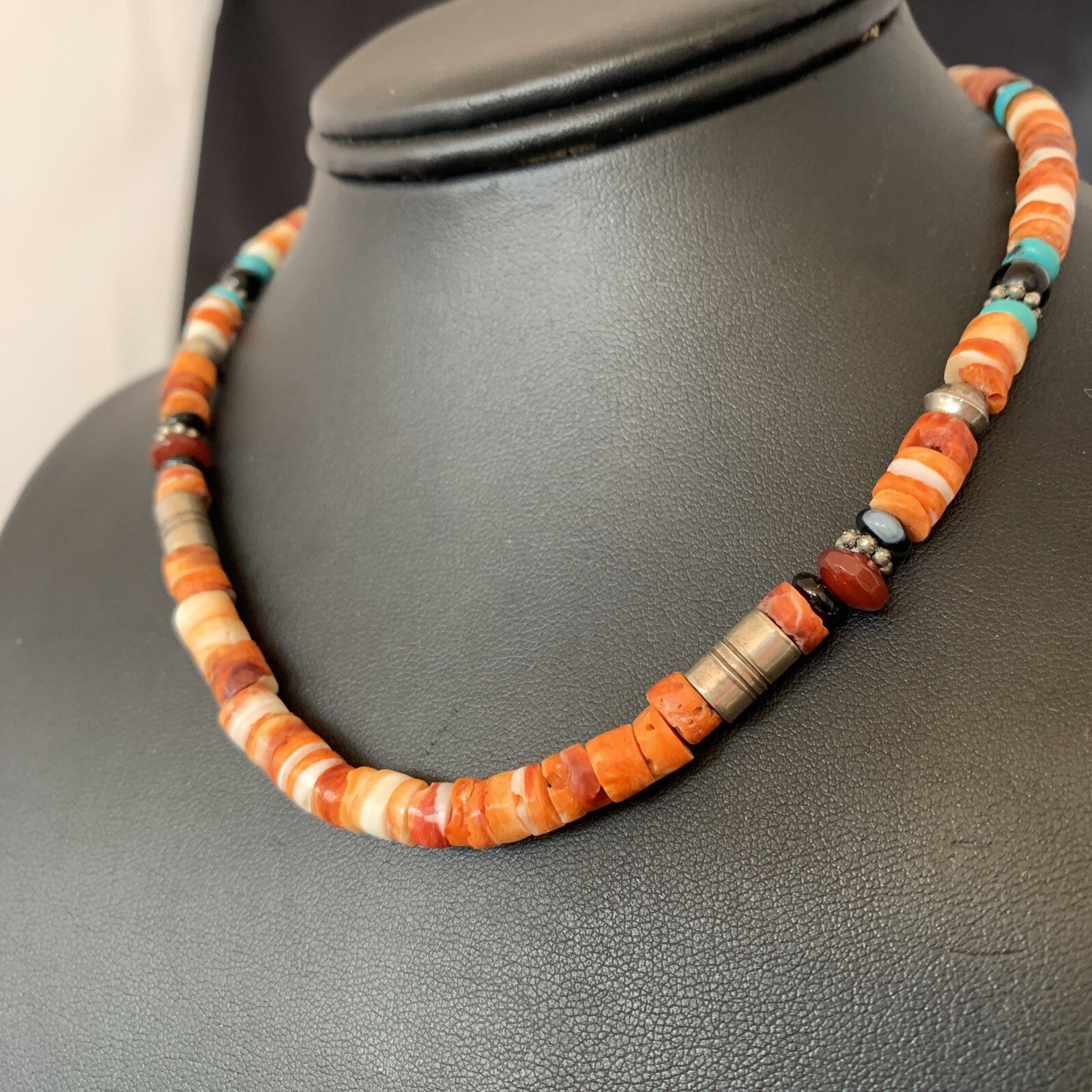 Turquoise Spiny Oyster & Coral Beads Sterling Silver Gold Necklace 10394
