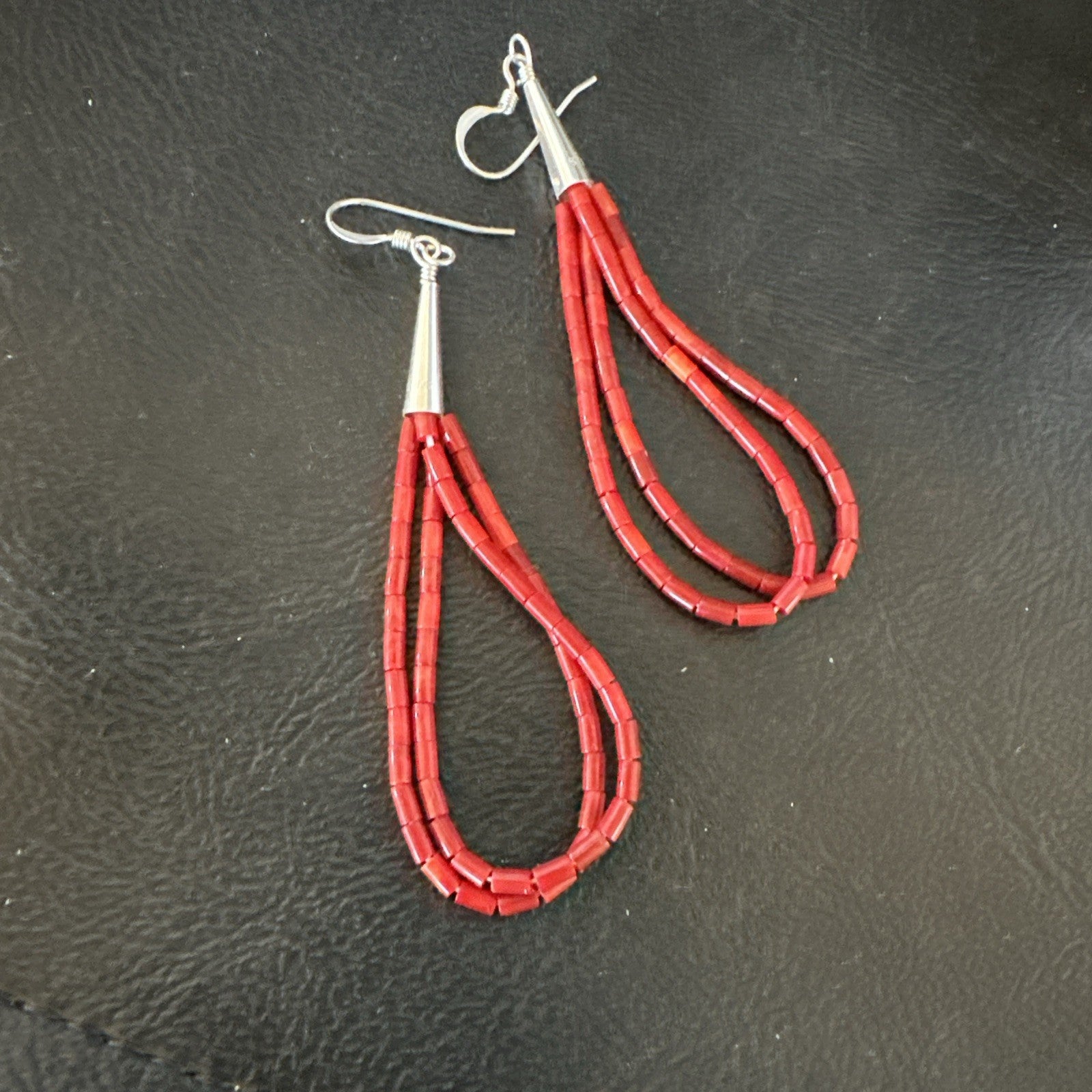 Apple Coral Tube Heishi Dangle Liquid Sterling Silver Earrings 2" 19042