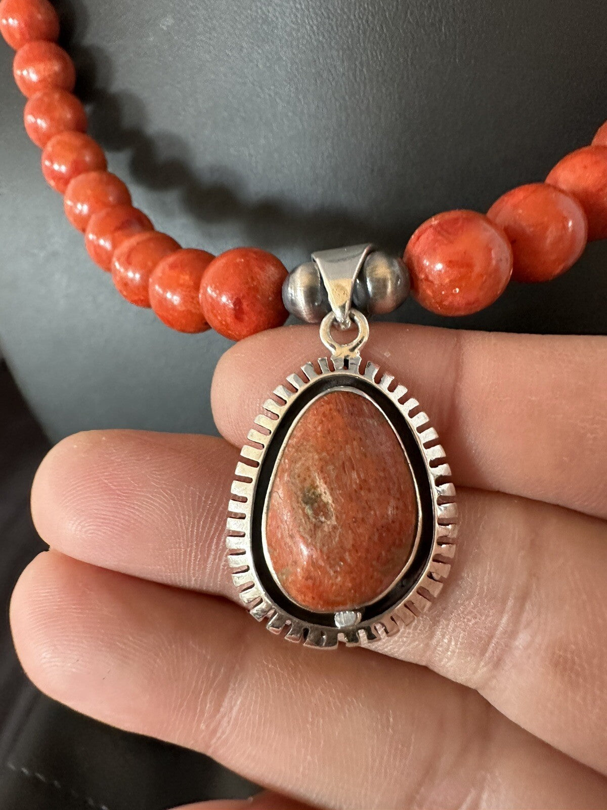 Navajo Apple Sponge Coral Sterling Silver Necklace Pendant 20” 18329