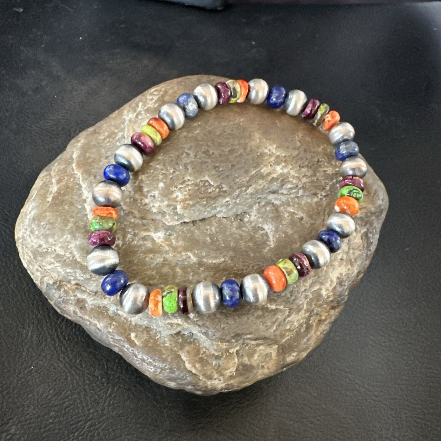 Multicolor Lapis Turquoise Stretch Bead Bracelet Navajo Sterling Silver 17907