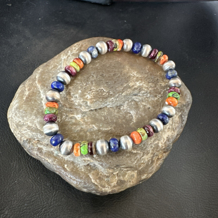Multicolor Lapis Turquoise Stretch Bead Bracelet Navajo Sterling Silver 17907