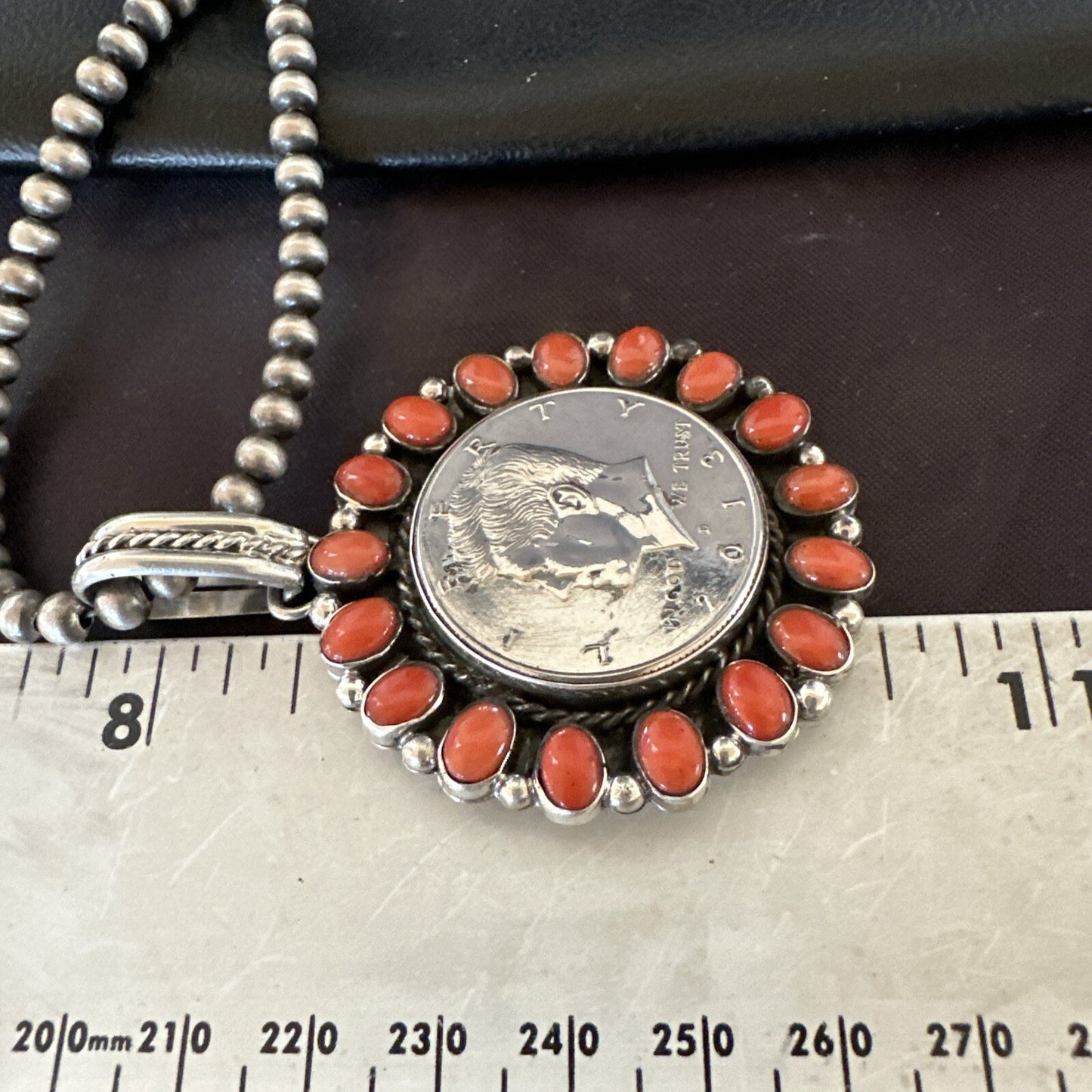 Coin Pendant Red Spiny Oyster Turquoise Navajo Sterling Silver Necklace 17925