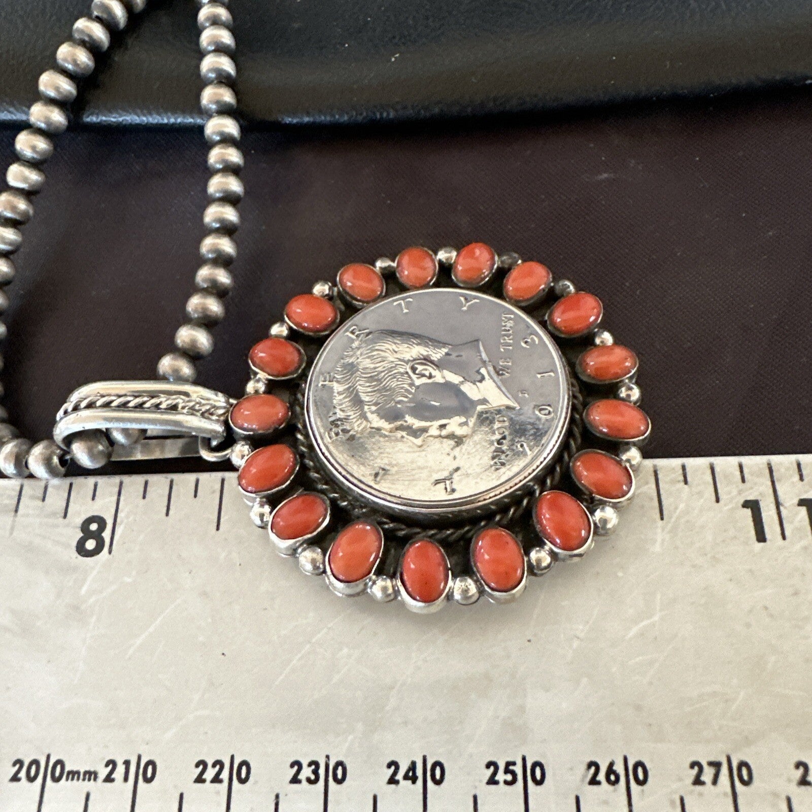 Coin Pendant Red Spiny Oyster Turquoise Navajo Sterling Silver Necklace 17925
