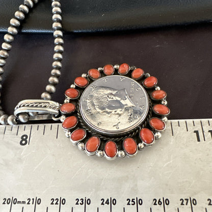 Coin Pendant Red Spiny Oyster Turquoise Navajo Sterling Silver Necklace 17925